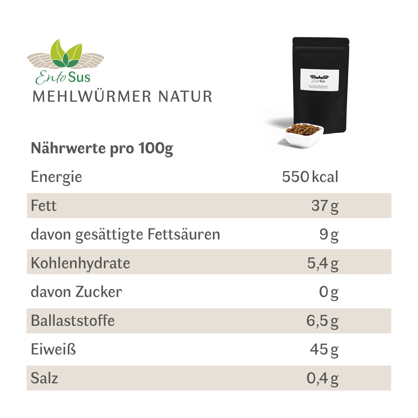 EntoSus - getrocknete Mehlwürmer Naturbelassen - nachhaltige Proteinquelle mit mild-nussigem Geschmack 40g