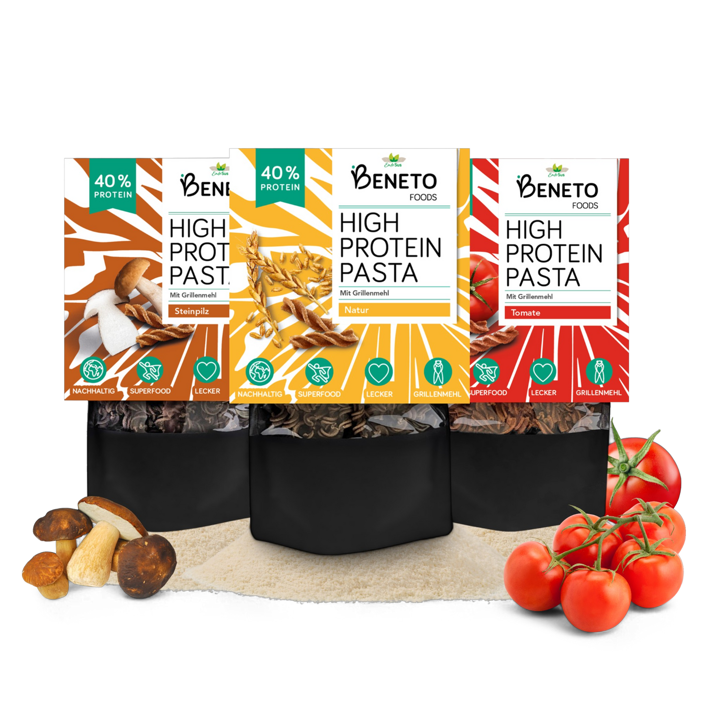 Beneto - High Protein Pasta in 3 Sorten - Natur, Steinpilz, Tomate - Nährstoffreicher Genuss mit gutem Gewissen!