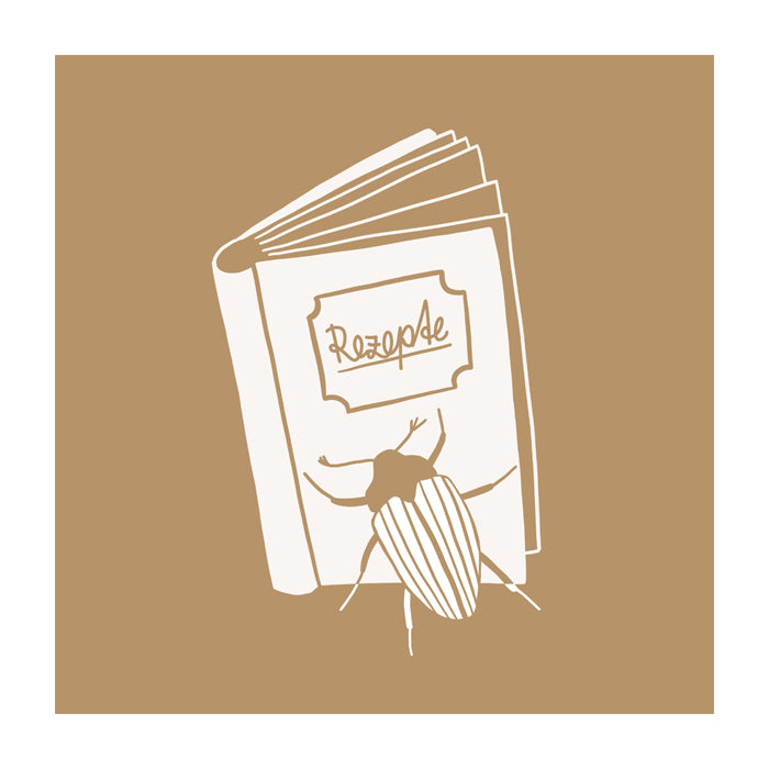 Illustration eines Käfers auf dem Deckel eines Buches mit dem Titel "Rezepte" auf beigem Hintergrund.