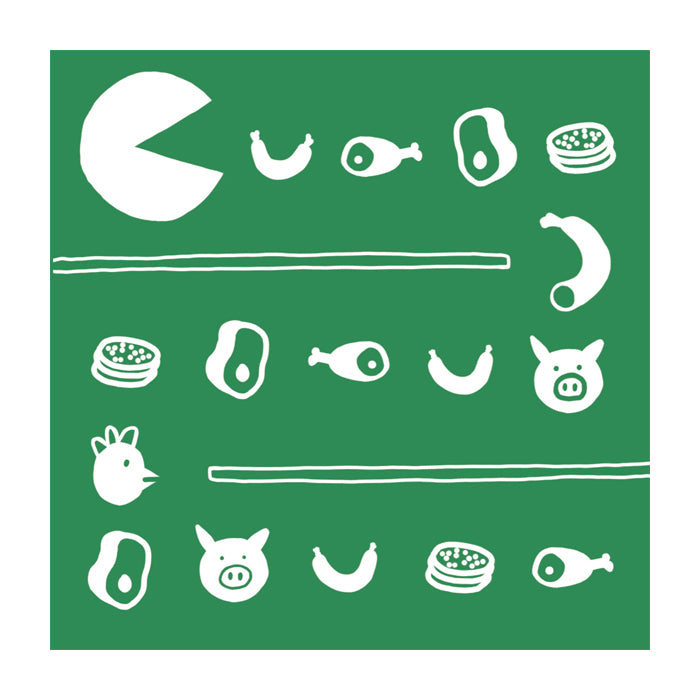 Illustration verschiedener Lebensmittel und einer Pacman-ähnlichen Figur auf grünem Hintergrund.