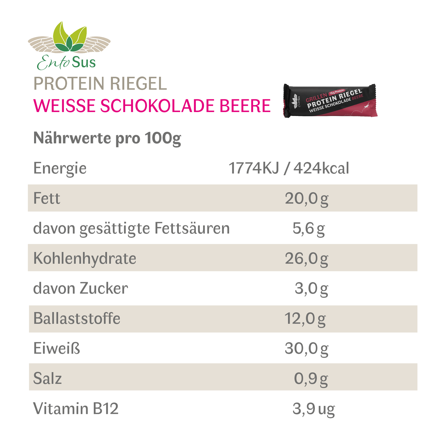
                  
                    EntoSus - Protein Riegel - weiße Schokolade Beere - 15g Protein pro Riegel
                  
                