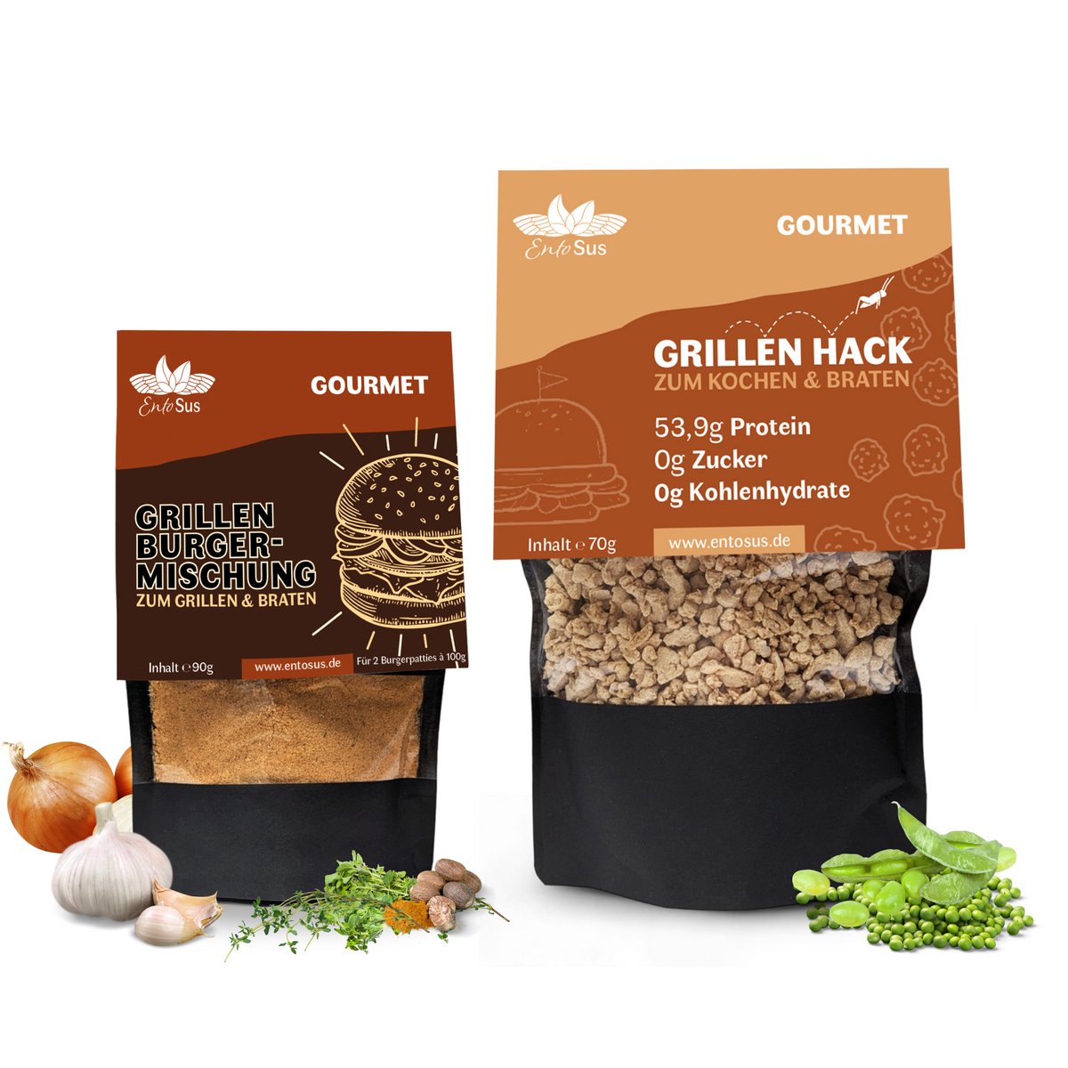 EntoSus Koch Duo mit Grillenhack 70 g und Grillen Burgermischung 90 g
