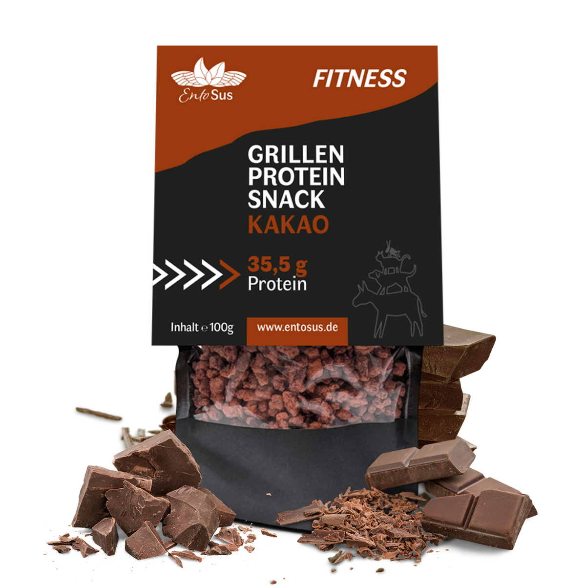 EntoSus Grillen Protein Snack Kakao, knusprige geröstete Grillen im 100-g-Beutel