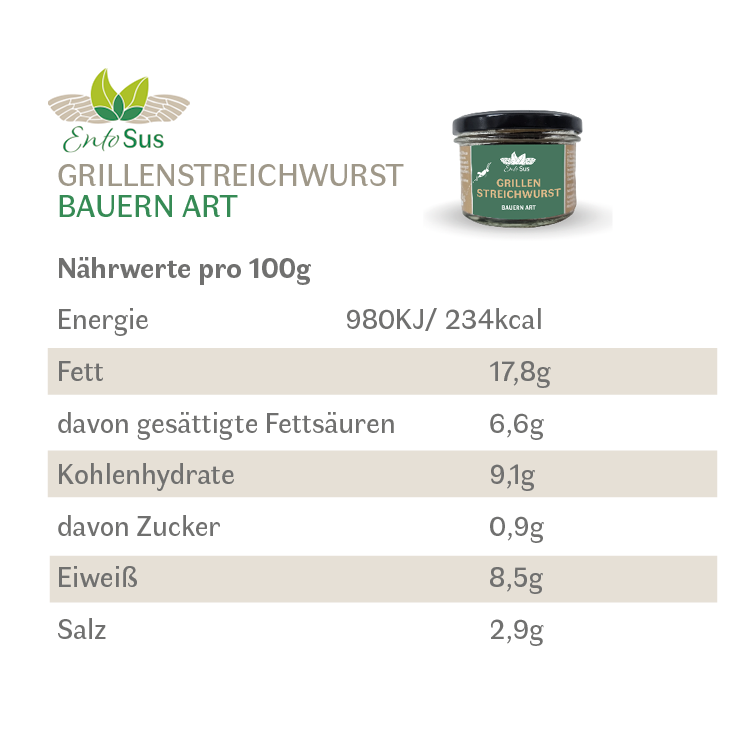 EntoSus Grillen Streichwurst Bauern Art mit Kräutern im Glas