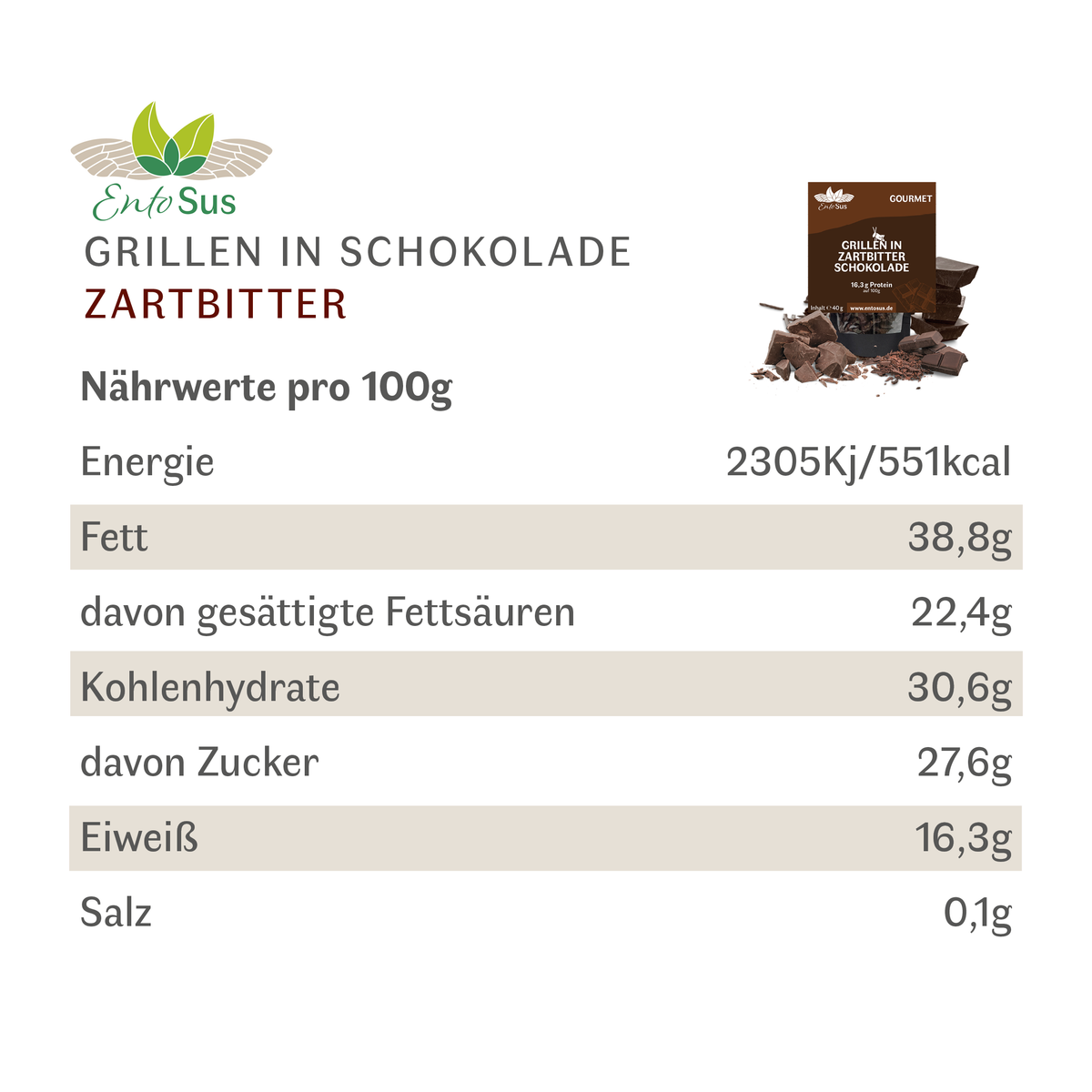 EntoSus knusprige Grillen in belgischer Zartbitterschokolade, 40-g-Packung