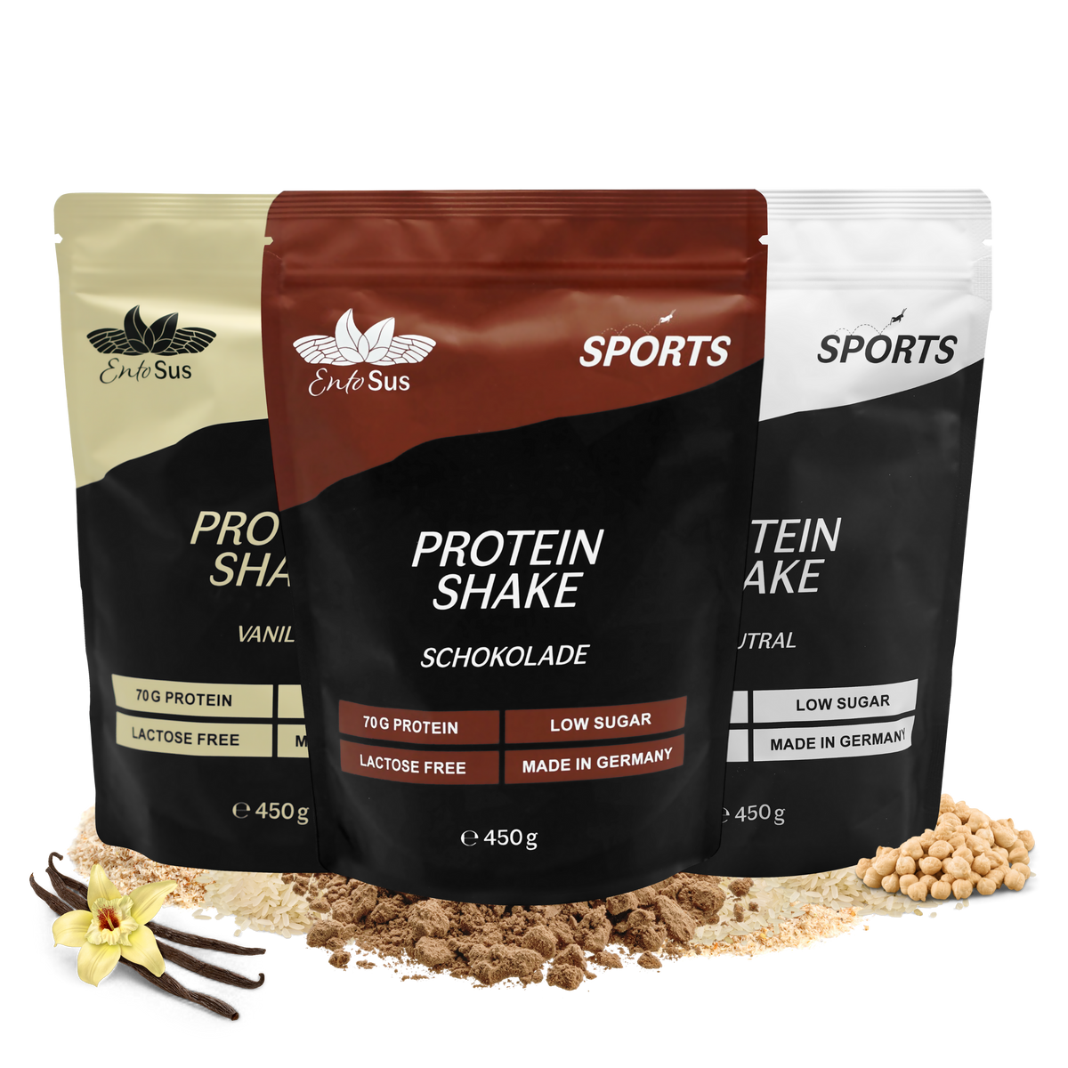 EntoSus Proteinpulver Probierpaket mit Schokolade, Vanille und Neutral