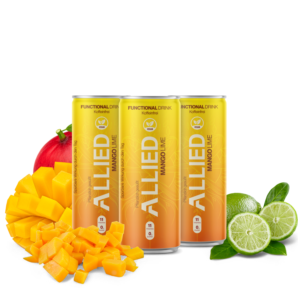 
                  
                    Allied – Functional drink / Koffeinfrei / Zuckerfrei / Vitamine - Mango Lime 250 ml Dose
                  
                