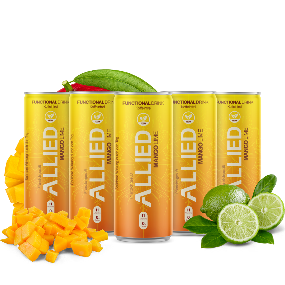
                  
                    Allied – Functional drink / Koffeinfrei / Zuckerfrei / Vitamine - Mango Lime 250 ml Dose
                  
                