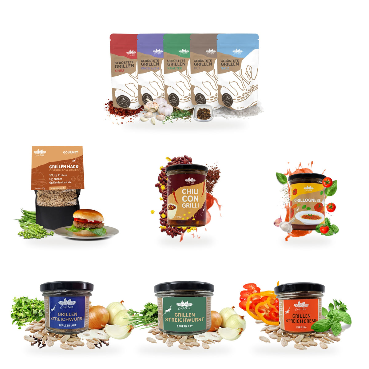 Inhalt des EntoSus Mega Pakets: geröstete Grillen in fünf Sorten, Grillenhack, Chili con Grilli, Grillognese sowie die Aufstriche Pfälzer Art, Bauern Art und Streichcreme Paprika