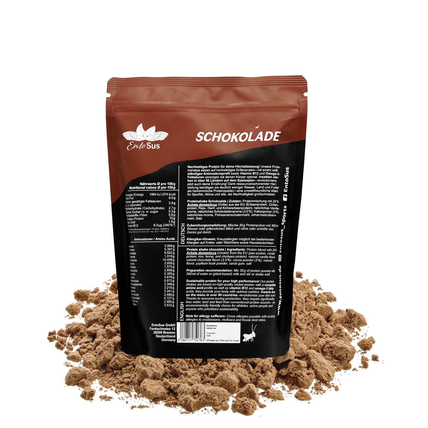 
                  
                    EntoSus - Protein Shake Schokolade - mit 70% Protein, Vitamin B12 und gesunden Fetten
                  
                