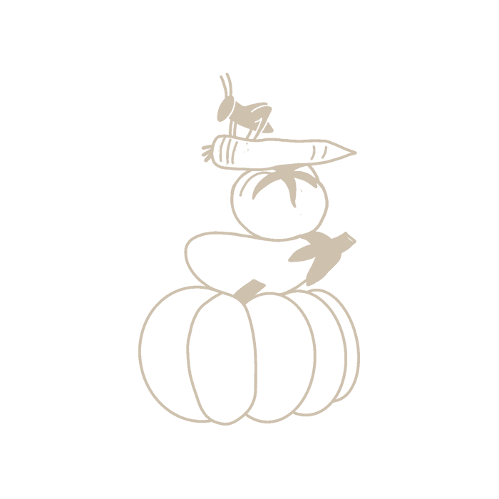 Illustration eines Turms bestehend aus einem Kürbis, einer Aubergine, einer Tomate, einer Karotte und einer Grille.