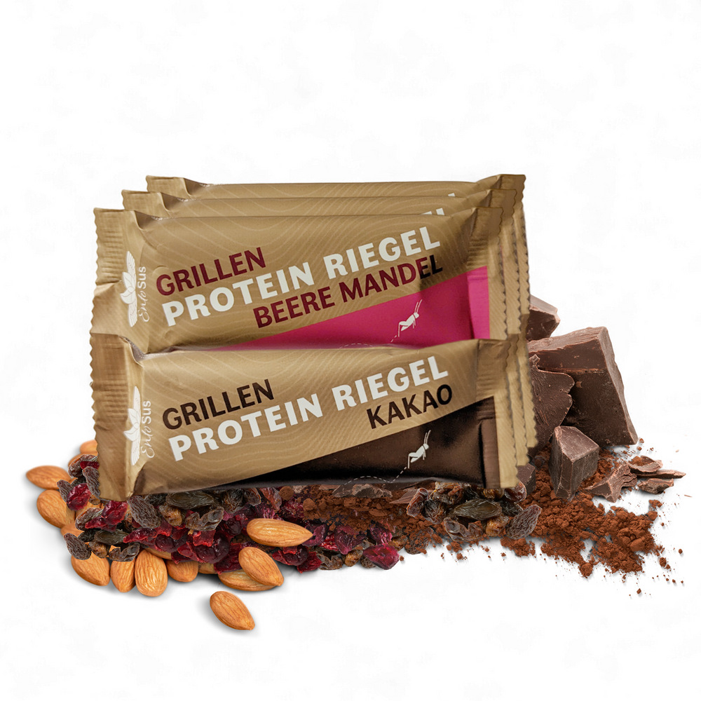 Grillen Protein Riegel 3x Beere Mandel und 3x Kakao