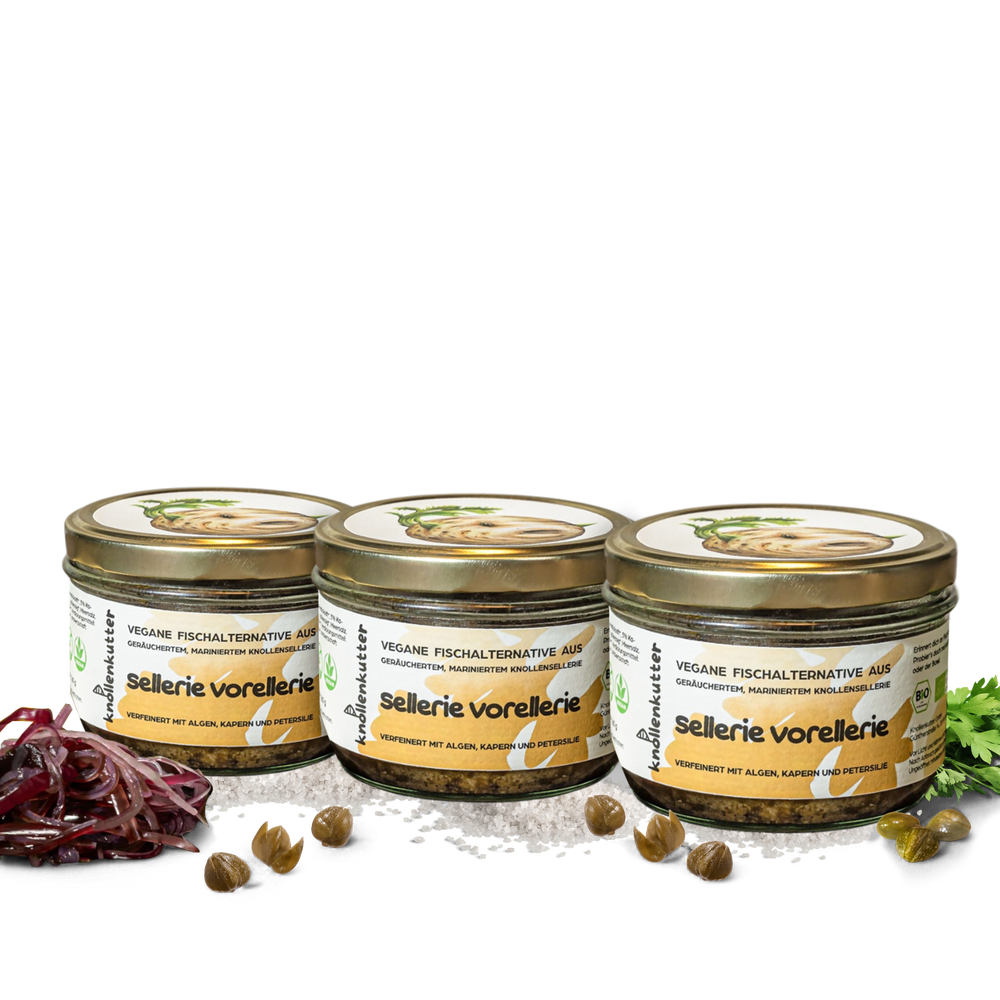 
                  
                    Knollenkutter - Sellerie Vorellerie Pflanzliche Fischalternativen aus geräuchertem Knollensellerie und Meeresalgen in herzhafter Marinade
                  
                