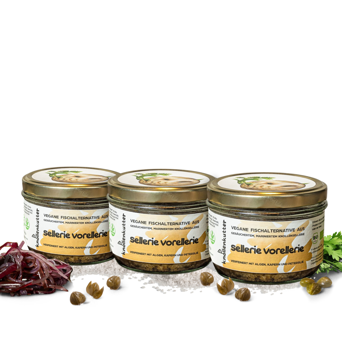 
                  
                    Knollenkutter - Sellerie Vorellerie Pflanzliche Fischalternativen aus geräuchertem Knollensellerie und Meeresalgen in herzhafter Marinade
                  
                
