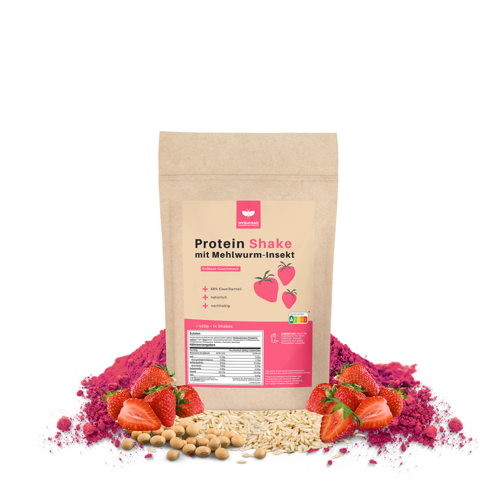 
                  
                    Mybugbar - Protein Shakes in 4 Sorten - Erdbeer, Vanilla, Kakao und Banane - 70% Protein, Vitamin B12, gesunde Fette, Eisen, Zink
                  
                