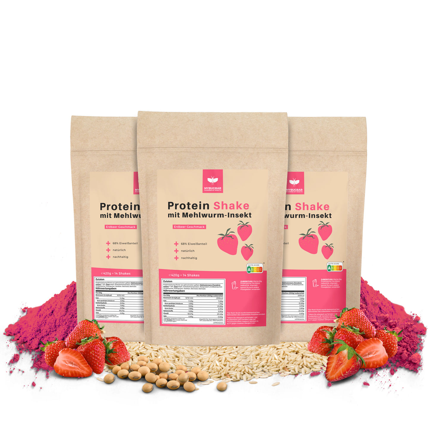 
                  
                    Mybugbar - Protein Shakes in 4 Sorten - Erdbeer, Vanilla, Kakao und Banane - 70% Protein, Vitamin B12, gesunde Fette, Eisen, Zink
                  
                