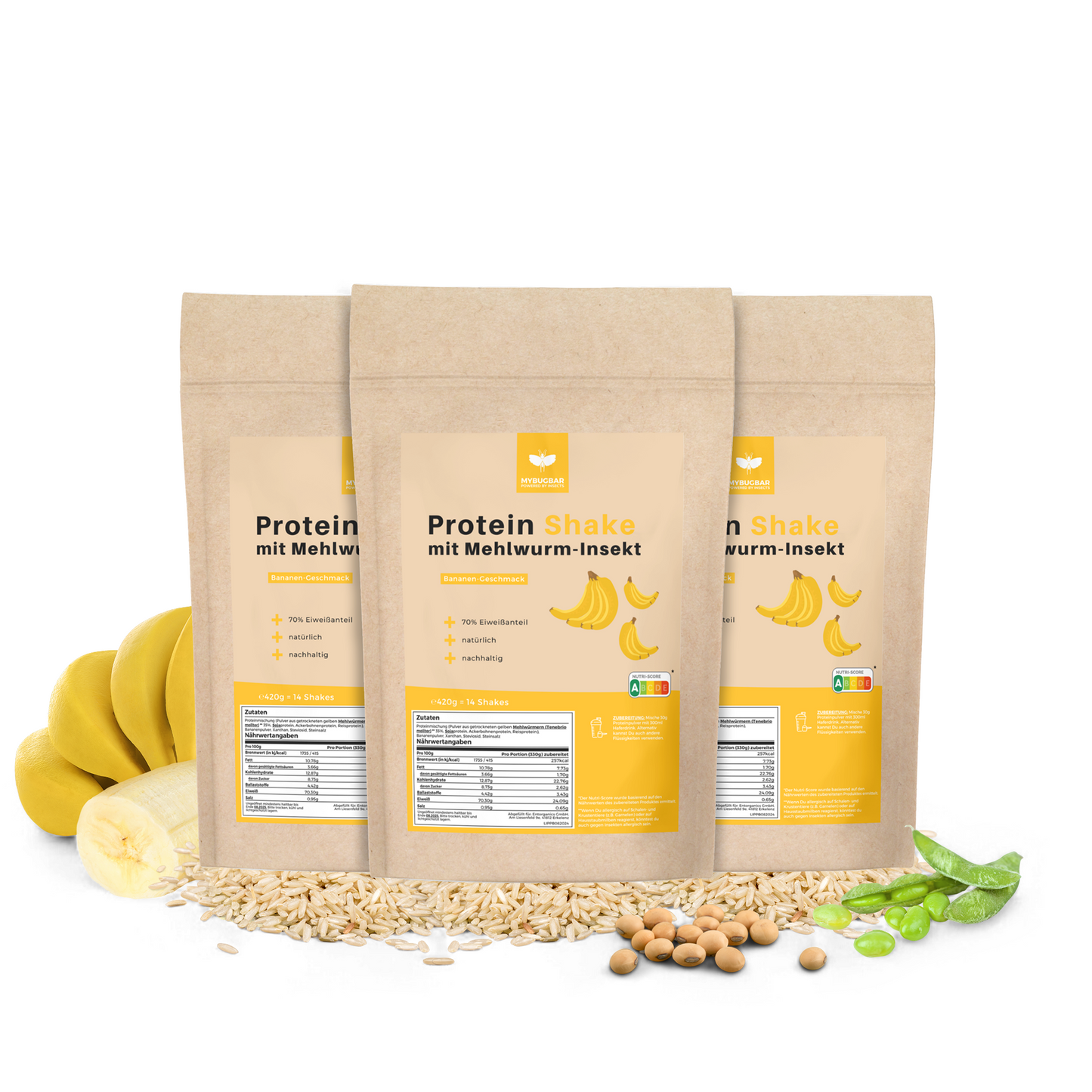 
                  
                    Mybugbar - Protein Shakes in 4 Sorten - Erdbeer, Vanilla, Kakao und Banane - 70% Protein, Vitamin B12, gesunde Fette, Eisen, Zink
                  
                