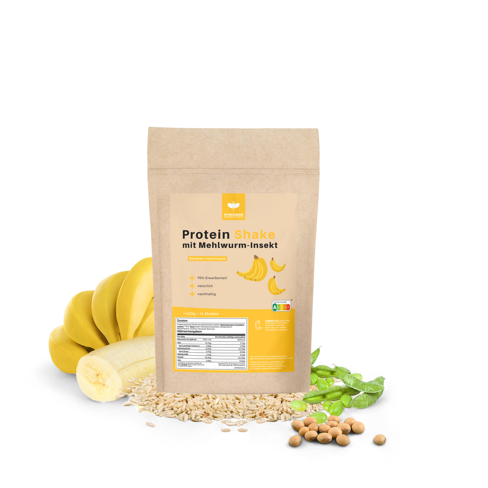 
                  
                    Mybugbar - Protein Shakes in 4 Sorten - Erdbeer, Vanilla, Kakao und Banane - 70% Protein, Vitamin B12, gesunde Fette, Eisen, Zink
                  
                