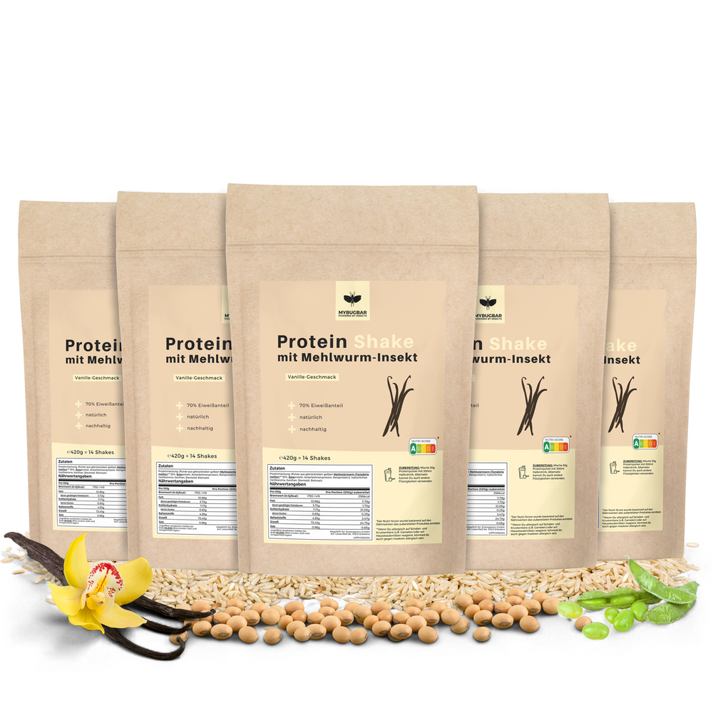 
                  
                    Mybugbar - Protein Shakes in 4 Sorten - Erdbeer, Vanilla, Kakao und Banane - 70% Protein, Vitamin B12, gesunde Fette, Eisen, Zink
                  
                