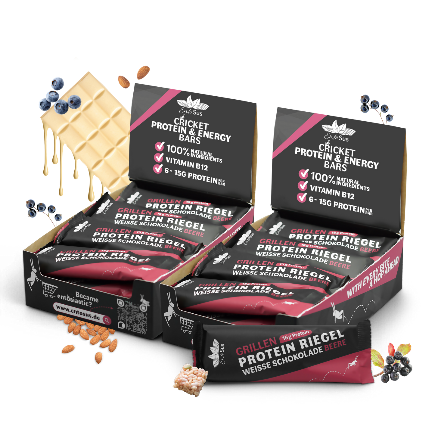 
                  
                    EntoSus - Protein Riegel - weiße Schokolade Beere - 15g Protein pro Riegel
                  
                